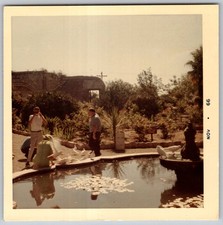 Vtg Color Snapshot People Feeding Doves Garden Pond Mission San Juan Capistrano