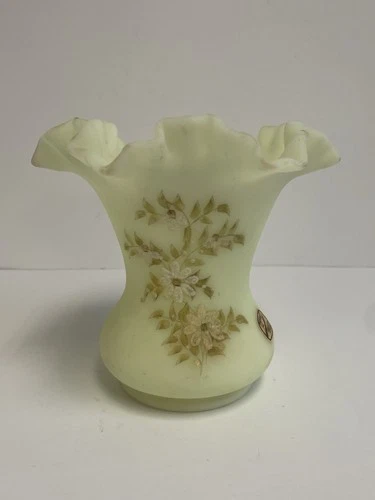 Fenton Custard Vase - White Daisies - Hand Painted - Signed - Ruffled Edge