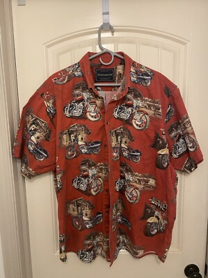 North River Shirt Sz 2XL Red Motorcycles 100% Cotton Short Sleeve Button Up