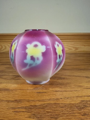 Miniature Milk Glass Fostoria #20 Six Panel Oil Lamp Shade Purple Yellow Flowers