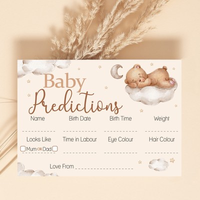 Baby Shower Spiel - Teddy Vorhersagekarten, Unisex, Wolken, Bär, Neutral, Mama