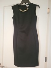 Calvin Klein Scuba sheath Dress Black Faux gold Chain Neckline Sleeveless Size 6