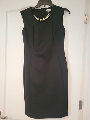 Calvin Klein Scuba sheath Dress Black Faux gold Chain Neckline Sleeveless  Size 6 | eBay