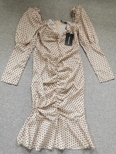 Pretty Little Thing Size 12 Ruched Cream Brown Polka Dot Dress Stunning