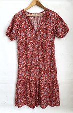 ANN TAYLOR LOFT Red Floral Ruffle Hem Button up Midi Shift Dress V Neck Size S