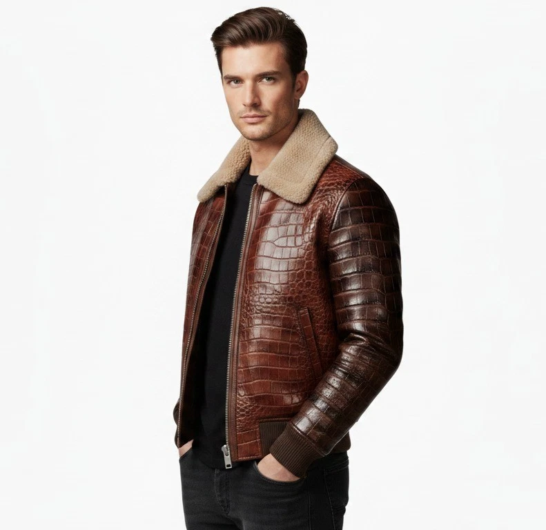 Men,s Real Crocodile Embossed Leather Jacket Shearling Collar Bomber Coat Brown. image 8