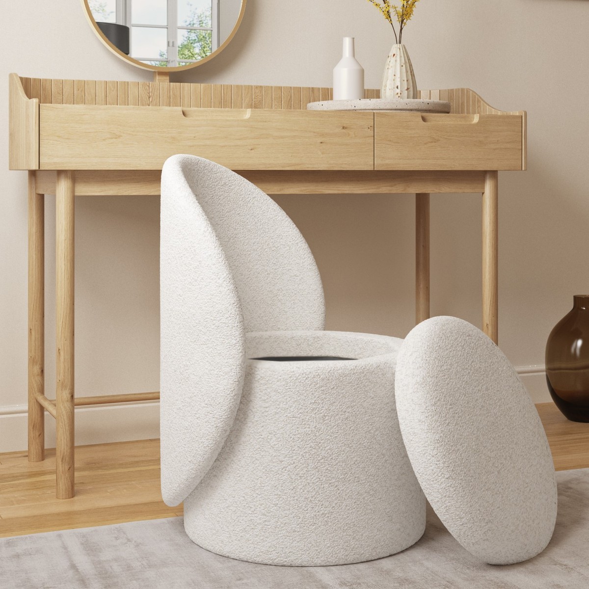 Off-White Boucle Dressing Table Chair with Ottoman Storage Leah LAH001 - Main Image