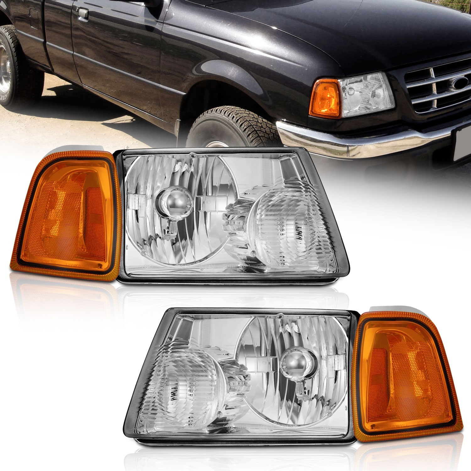 Pair Headlights Assembly For 2001-2011 Ford Ranger Chrome Lamps Amber Corner