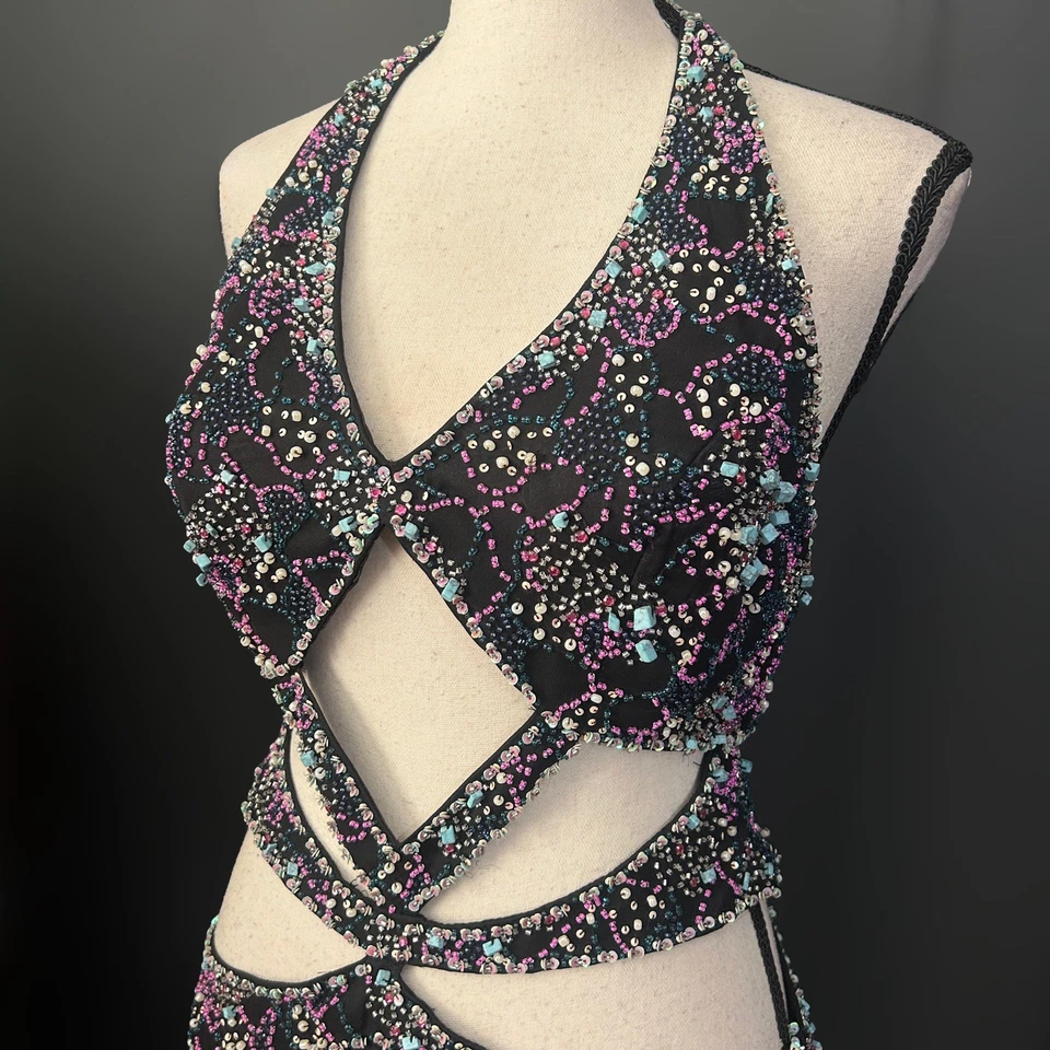 Vestido de Hadas Vintage Y2k Seda Cuentas Negro Rosa Aqua Corte Vestido de Noche Halter  Foto 3 de 4