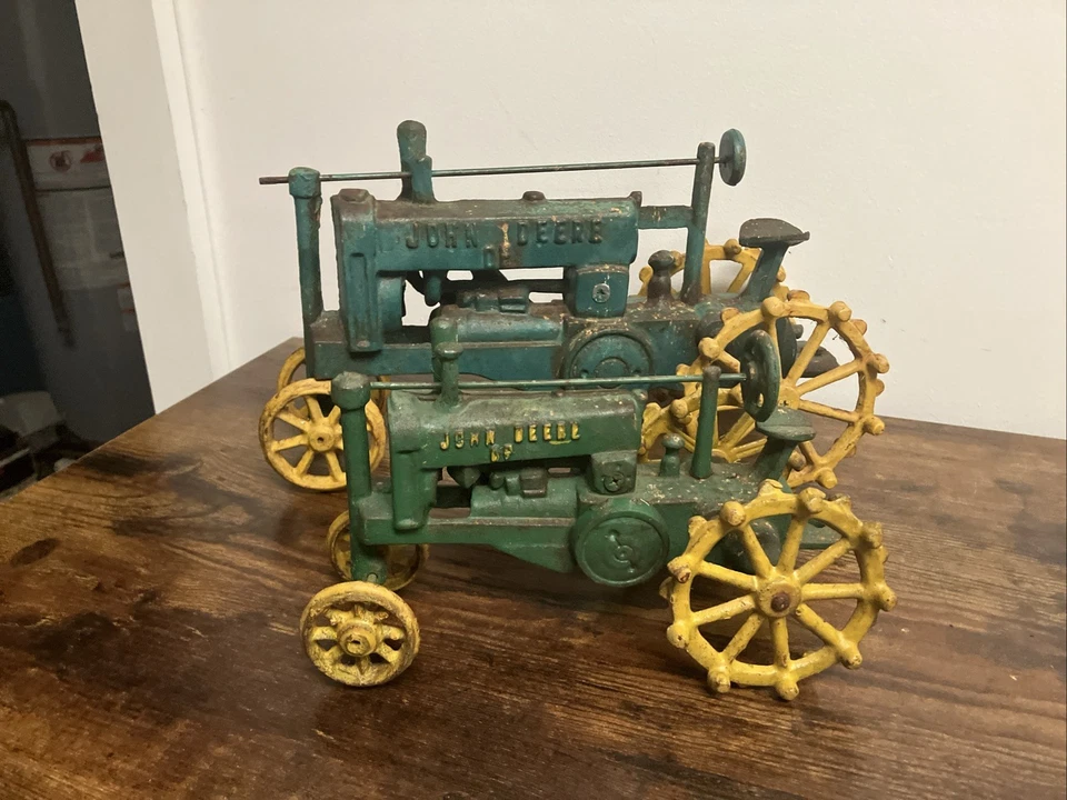 2 Vintage Cast Iron John Deere "OP" Tractor - 12" & 8” Long - Image 4 of 4