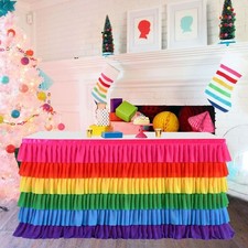 Colorful Rainbow Ruffled Table Skirt Banquet Party Tableware Material, Fabric