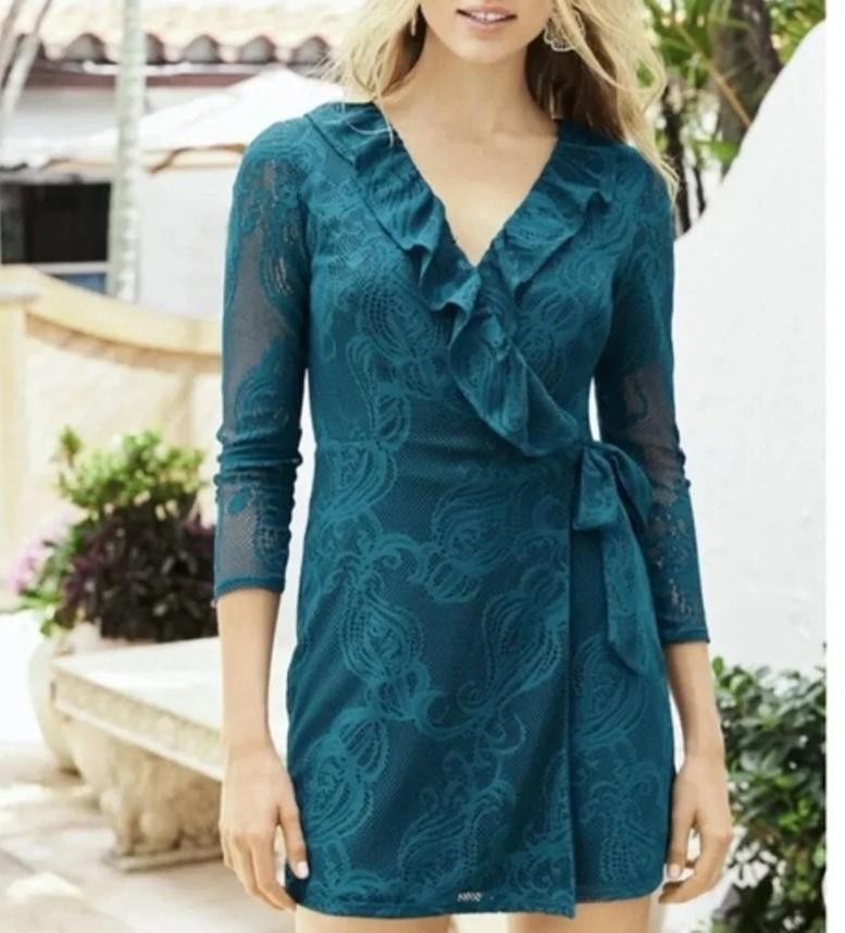 LILLY PULITZER Size L Teal Blue Tiki Lace Ruffle Faux Wrap Romper Dress L