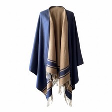 Women's Blue Tan Fringed Reversible Poncho/Cardigan/Ruana/Cape/Shawl
