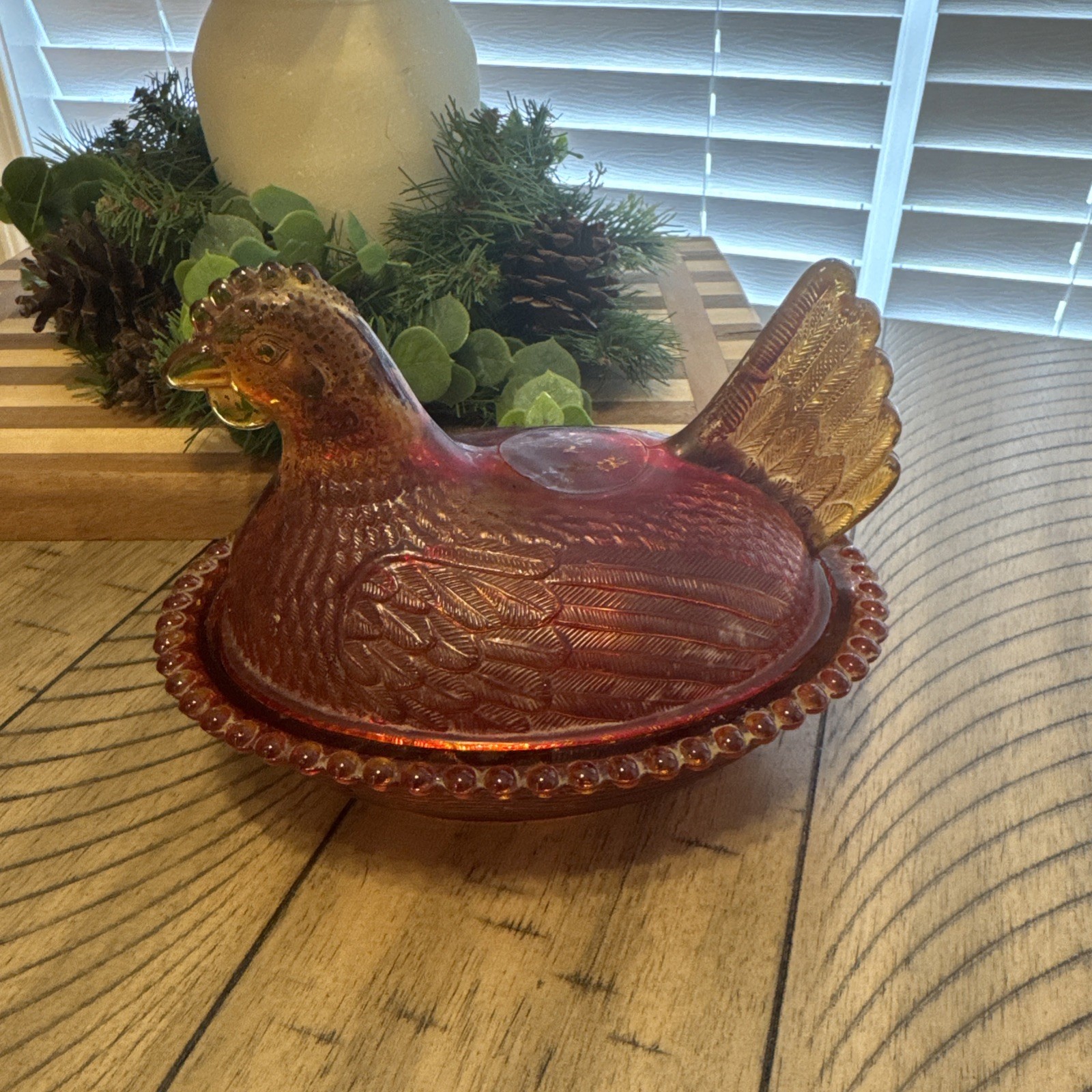 Beautiful Red Decorated Indiana Glass Hen On Nest Candy Dish