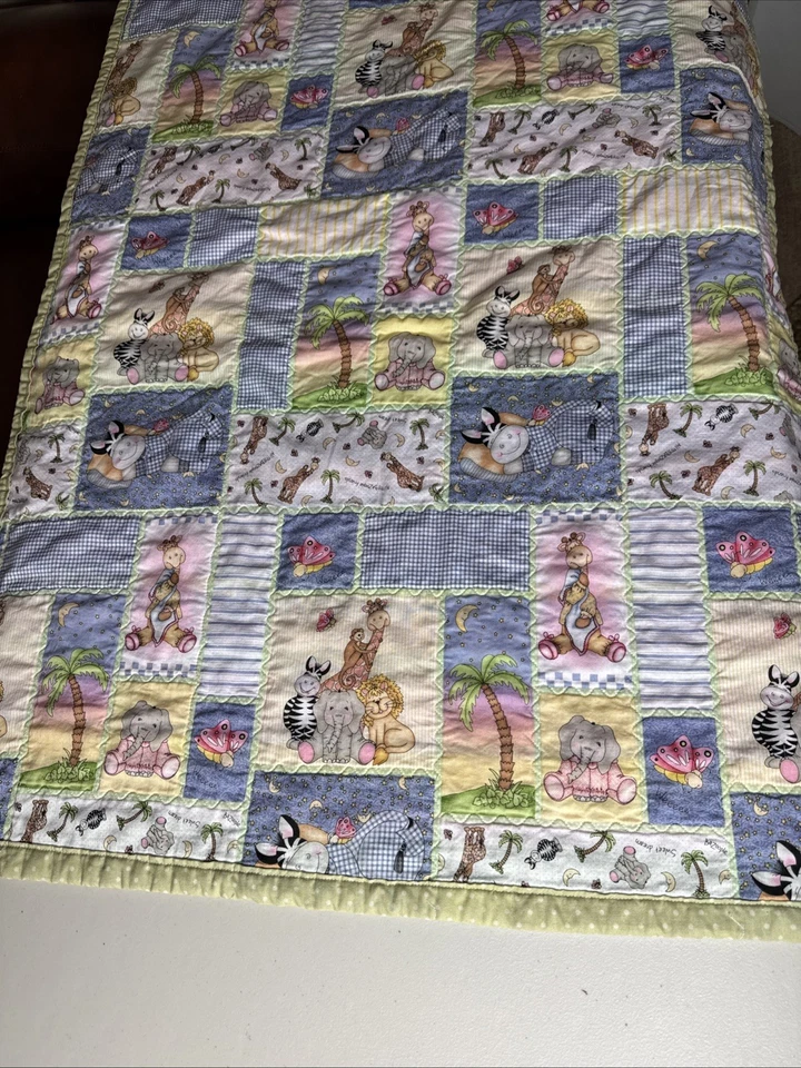 "Manta de bebé hecha a mano parche tramposo animales de zoológico lunares verdes espalda 27X36""" Foto 2 de 4