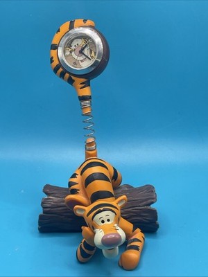 Disney Winnie the Pooh Vintage Tigger lounges on a log Tail Spring Clock