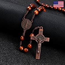 Wooden Rosary Necklace 8mm Beads Jesus Cross Pendant Christian Prayer Gift
