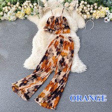 Women Camisole Crop Tank Top Wide Leg Pants Trousers Pleated Floral Ruffles