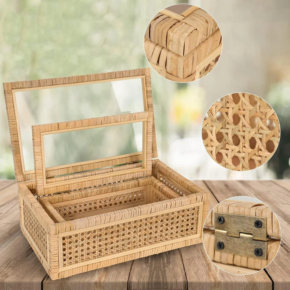 Handwoven Boho Rattan Display Boxes with Glass Lids - Set of 2 Rectangular Decor - Image 4 of 4