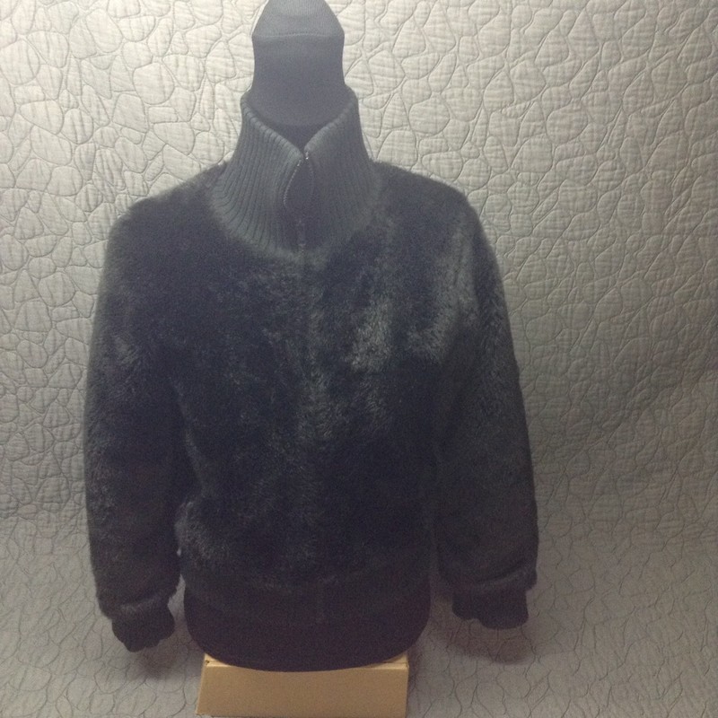 Crazy 8 Furry Bomber Jacket- Black Faux Fur -Size 14-Fits Size 6-8 Adult 