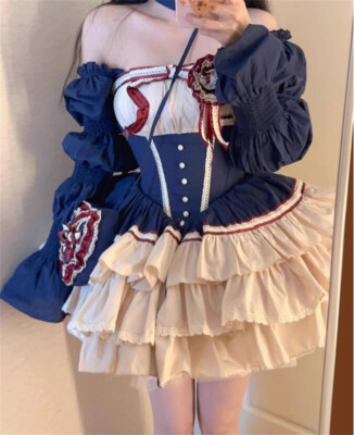 Japanese Women's Lolita cute bow ruffled Three-section dress princess