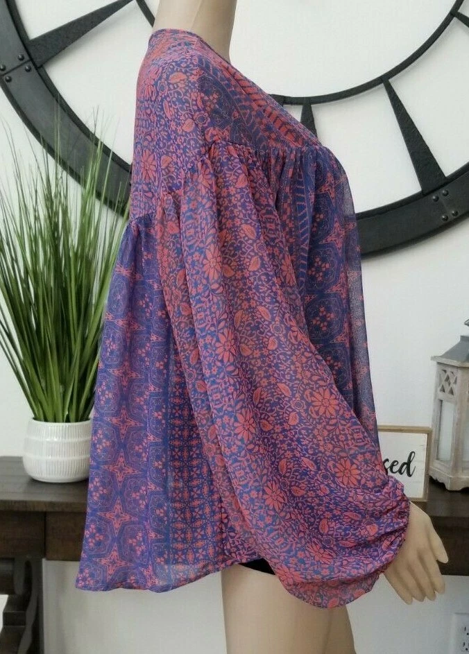 Kut From The Kloth Women's Floral Geometric Blue/Coral Blouse Size S - Image 2 of 4