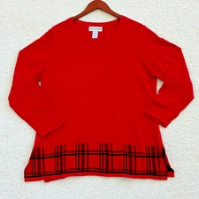 Cathy Daniels Red Pullover Tunic Sweater Plaid Hem w/o Scarf Womens XL