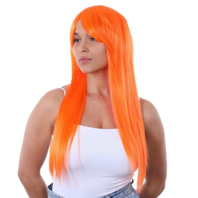 Neonorange lange Perücke Damen Kostüm Henne Party 1980er Jahre Party Cosplay Perücke