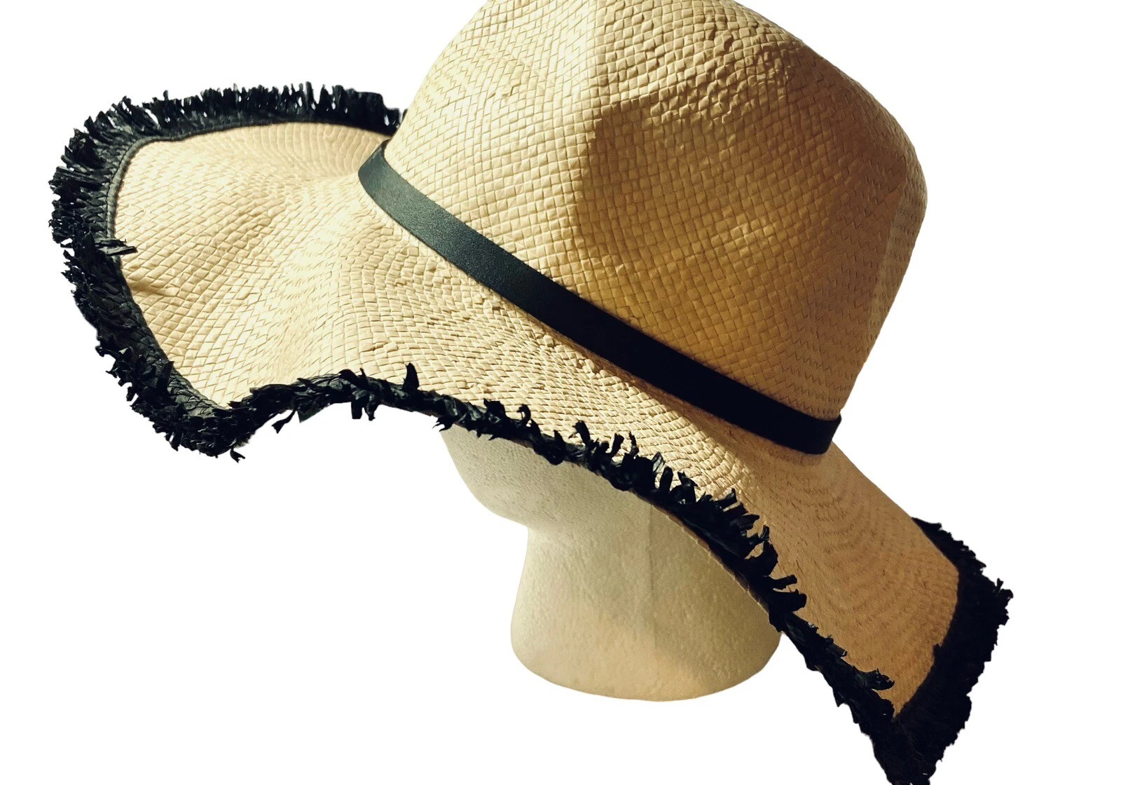 BANANA REPUBLIC PAPER STRAW SUN HAT, BLACK FRINGE EDGE, FAUX LEATHER BAND, S/M