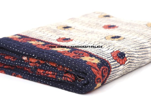 Couverture Kantha Indienne Fait Main Coton – Jaune King Size 228x274 Cm + Housse Coussin, Style Vintage Brodé