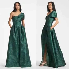 Sachin & Babi Deliah One Shoulder Mikado Gown Malachite Bouquet Sz 4 NEW $995