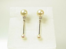 Schöne lange Akoya Zuchtperlen Diamant Ohrclips 585 Weißgold Sign. Roxy um 1970