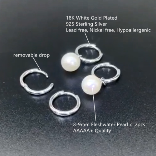 9MM 5A Genuine FreshWater Cultured White Pearl Hoop Earrings 14K White Gold Over - Afbeelding 1 van 5