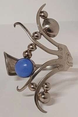 BRACELET MANCHETTE VINTAGE FOIRCHETTE METAL ARGENTÉ POINÇONNÉ PIERRE VERRE # TR - Photo 1/4