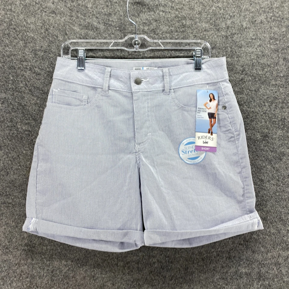 Nuevos Pantalones Cortos Riders Mujer M Medianos Azul Rayas Tiro Medio Bolsillos con Puños Algodón Foto 4 de 4