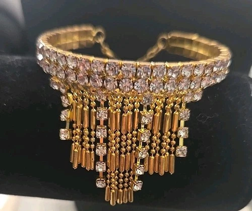 Gold & Rhinestone Bracelet 7&3/4 Dangle Belly Dancer Costume Jewelry Vintage