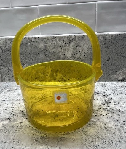 Blenko Glass, Vintage Round Basket, 6” Tall, Canary Yellow, Original Sticker