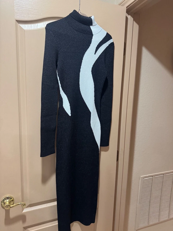 全新 BCBG Maxazria 黑白 Alani 图形鸡尾酒礼服 尺寸 S — 第 4/4 张图片