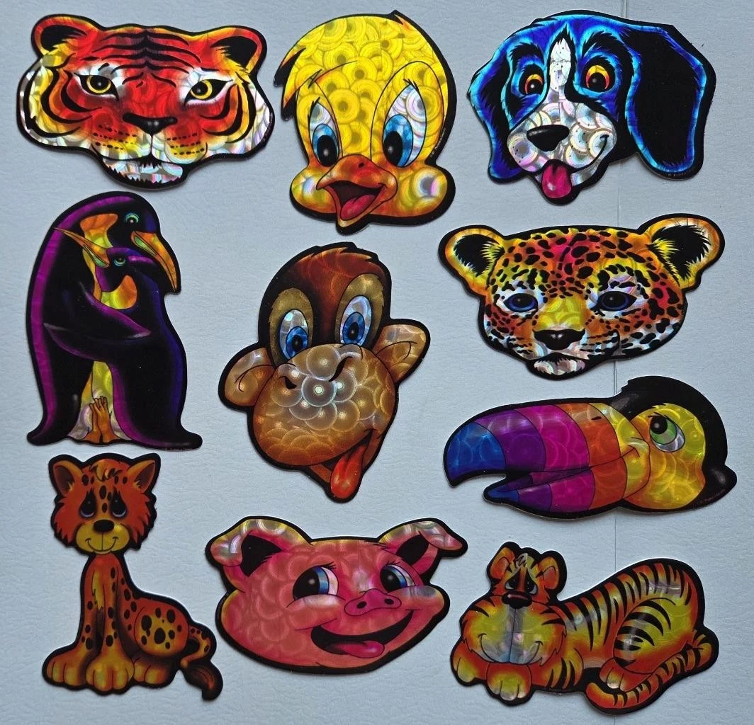 10 Colorful VTG Prism Bird & Animal Head Vending Machine Stickers Dog Cat Tiger