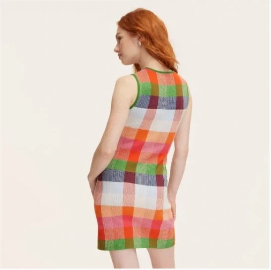 Kate Spade N.Y. Vestito Mini Maglione Plaid Rosso Rosa Verde Blu Tg Med Nuovo