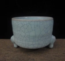 Small Old Chinese "Ru" Kiln Hand Carving Celadon Porcelain Censer Brush Washer