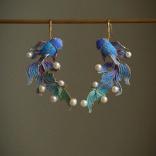 Enamel Imitation Kingfisher Koi Fish Earrings Pearl Chinese Style Jewelry