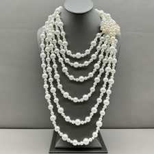 Faux Pearl Layered Statement Necklace White Multi Strand Beaded Brooch 8889