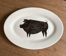 Crate and Barrel Oval Meat Platter Pig Pork White Ceramic Black Graphics 11.75"