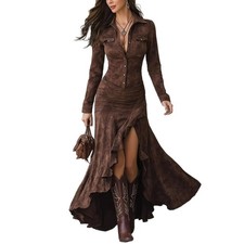 Womens Vintage Western Dresses, Suede V Neck Button Down Long Sleeve Maxi Dress