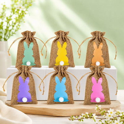 24PCS Easter Bunny Burlap Treat Bags Jute Gift Candy Cookie Party Favor Bags
