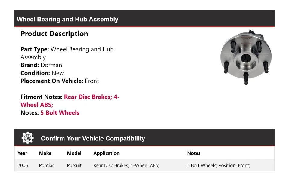 For 2006 Pontiac Pursuit Dorman Wheel Bearing and Hub Assembly Front - Imagem 2 de 4