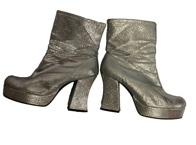 70’s Disco Glam Rock Silver Glitter Platform Boots Size UK