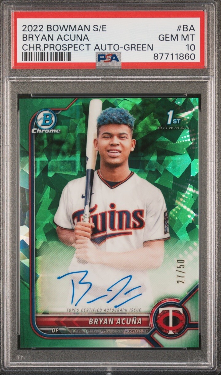 2022 Bowman Chrome Sapphire Bryan Acuna Green Auto #27/50 PSA 10