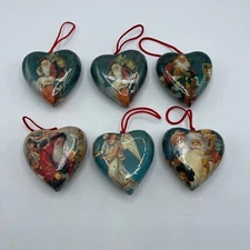 Vintage Heart Shaped Paper Mache Christmas Santa Angel Holiday Ornament Lot Of 6